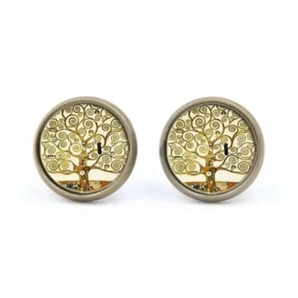 Gustav Klimt Tree of Life Art Glass Cabochon Round Antique Bronze Stud Earrings